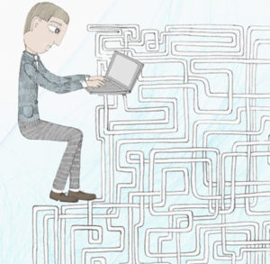 Drawing of man typing on laptop surrounded by a maze