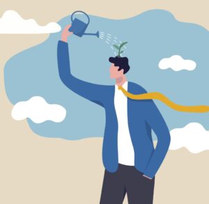 Drawing of man wearing a business suit holding a watering can above his head with a plant 