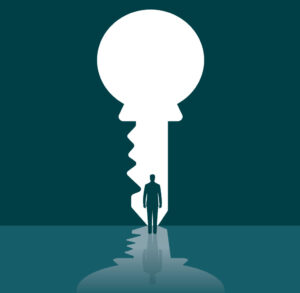 Drawing of a man standing in the shadow of a key