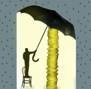 Color drawing of a business man standing on a chair holding an umbrella over a stack of gold coins.