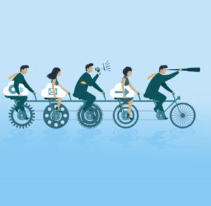 Drawing of businesspeople riding a bicycle.