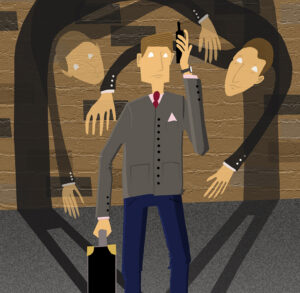 Drawing of a businessman surrounded by clients as ghosts.