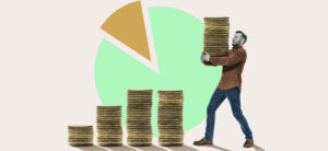 Man holding a stack of coins, surrounded by stacks of coins.